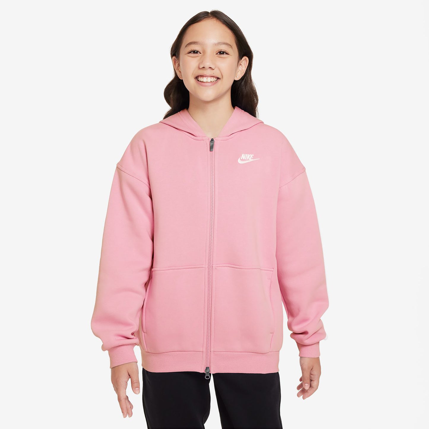 Nike Club Fleece Oversized Full-Zip Mikina S Kapucí Dívky-Růžová