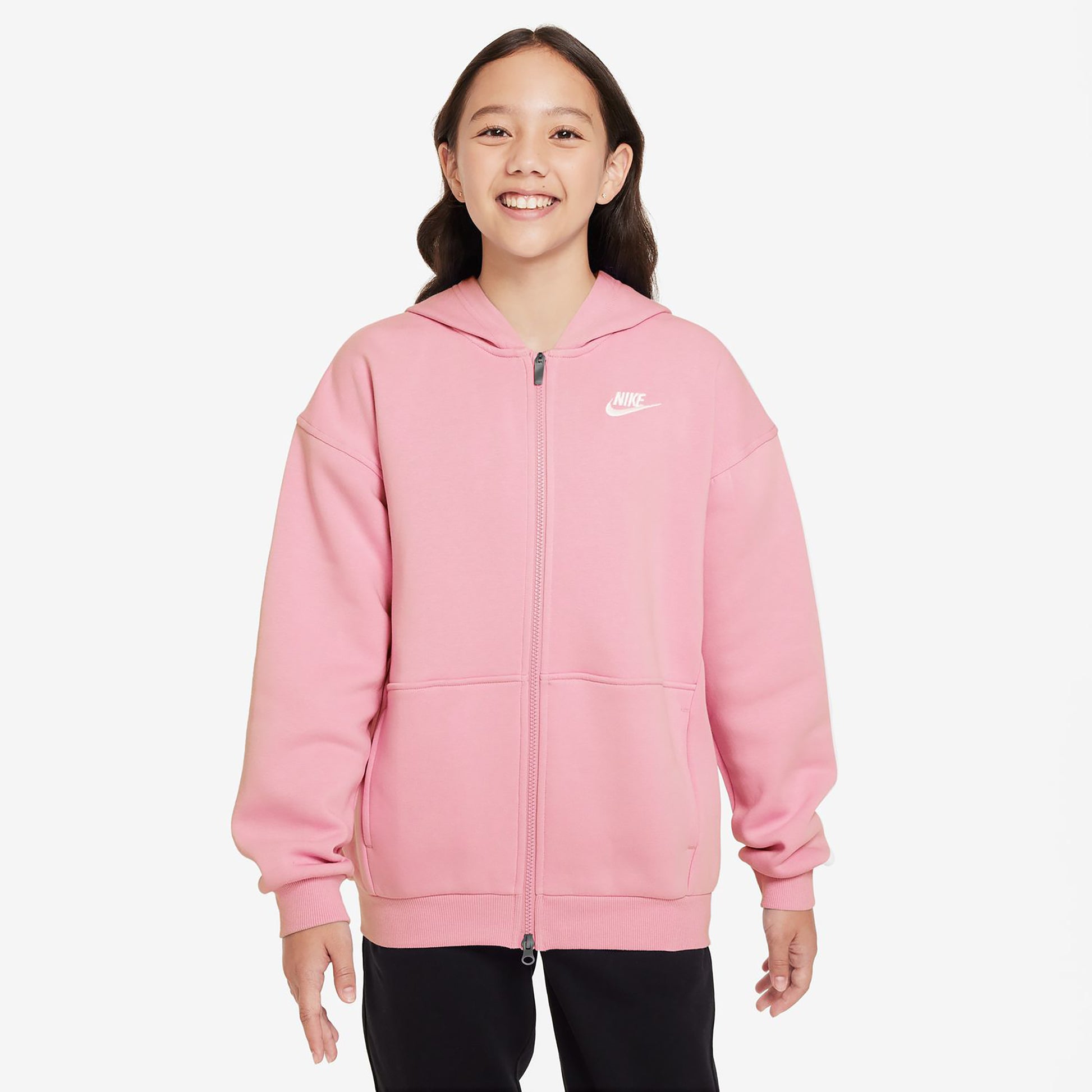 Nike Club Fleece Oversized Full-Zip Mikina S Kapucí Dívky-Růžová