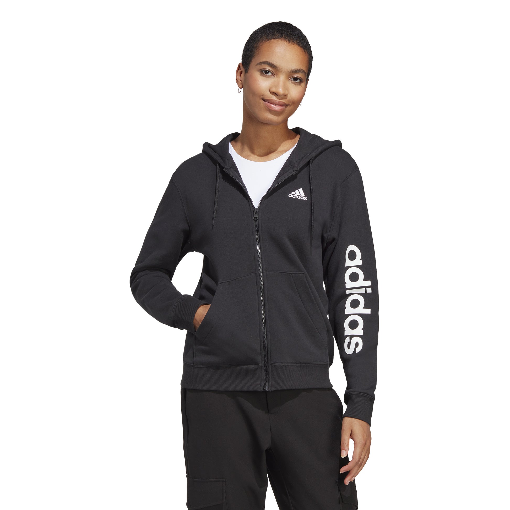 adidas Linear French terry Full Zip Mikina s kapucí Dámy - černá, bílá
